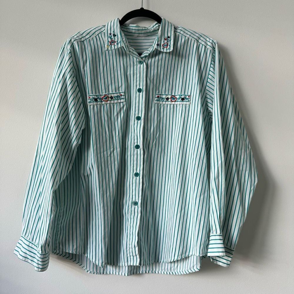 Womens Button-Up Stripe Floral Heart Embroidery Long Sleeve Aqua & White Shirt X